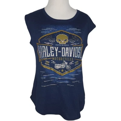 Harley-Davidson Sequin T-shirt Navy Skull Motorcycle Spellout Women Small - Image 1 of 4