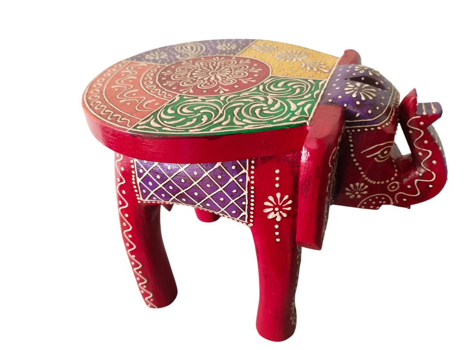 Indian Handmade Wooden Elephant Shape RED Multi Decor Side Table Statue Table - Image 1 of 4