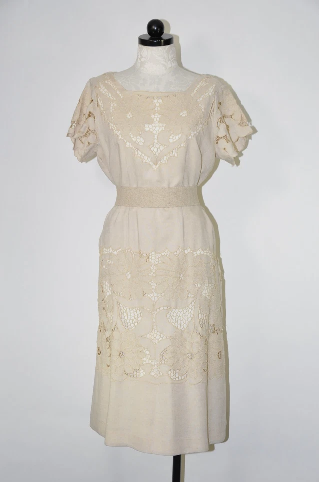 Vestido recto vintage años 60 beige lino calado bordado manga corta mujer L XL Foto 1 de 4