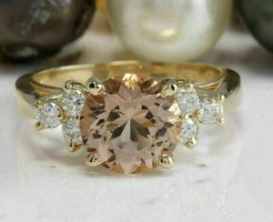 3Ct Round Cut Lab Created Morganite Women's Ring 14K Yellow Gold Plated Silver - Picture 1 of 4
