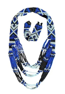 Southwest Style Handmade Blue Black & White Beaded Necklace & Matching Bracelet - Imagen 1 de 13