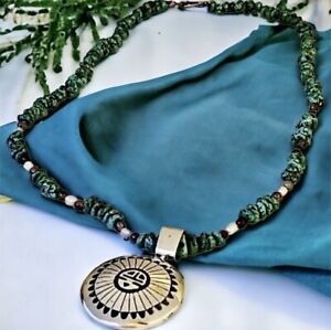 Navajo Artist AG Sterling Silver SPINNER Pendant + Turquoise Necklace Bear Sun