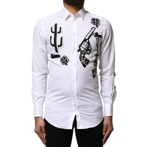 DOLCE & GABBANA Shirt White GOLD Embroidery Detailed Dress 37/US14.5/XS 1250usd - Picture 1 of 9