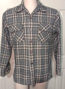 VTG JCPenney Shirt M Mens black ivory Plaid 70% Wool Board Flap Pocket Camp 70s - Picture 1 of 7