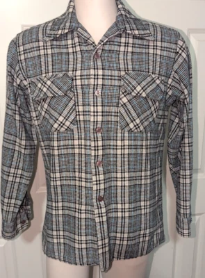 VTG JCPenney Shirt M Mens black ivory Plaid 70% Wool Board Flap Pocket Camp 70s - Image 1 of 4