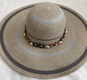 Beach Hat Beads Shells Striped Wide Brim Cruise Hat - Picture 1 of 10