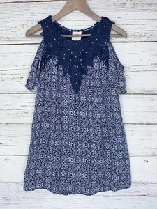 Knox Rose XS Floral Embroidered Cold Shoulder Dress Blue White Boho Casual - Picture 1 of 5
