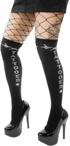 78507 Black Gray Tattooed Thigh High Socks Sourpuss Rock-A-Billy Rockabilly New - Picture 1 of 2