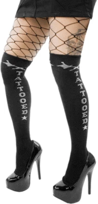 78507 Black Gray Tattooed Thigh High Socks Sourpuss Rock-A-Billy Rockabilly New - Image 1 of 2