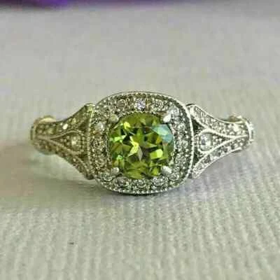 2Ct Round Cut Lab Created Green Peridot Halo Women's Ring 14K White Gold Plated - Image 1 of 4