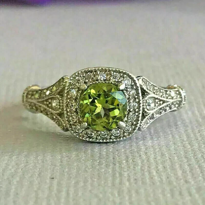 2Ct Round Cut Lab Created Green Peridot Halo Women's Ring 14K White Gold Plated - Image 1 of 4