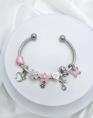 Linx Stainless Steel Bangle with Daughter Themed Charms 925 Sterling Silver - Image 1 of 4