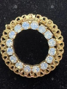 VTG Opaline Glass Brooch Pin Round Circle Gold Tone Filigree Rhinestones Jewel - Picture 1 of 4