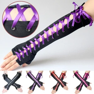 Long Sexy Satin String Ribbon Lace Up Rivets Gloves Fingerless Gloves Arm Warmer - Picture 1 of 30