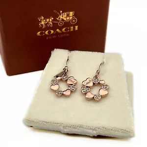 Coach Heart Hoop Earrings Rose Gold-Tone with Rhinestone and Box - Picture 1 of 12