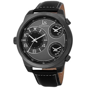 New Men's Joshua & Sons JS88BK Quartz Triple Time-Zone Black Leather Strap Watch - Picture 1 of 4