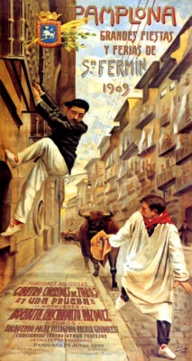 1909 PAMPLONA SAN FERMIN FESTIVAL RUNNING WITH BULLS SPAIN VINTAGE POSTER REPRO - Image 1 of 3
