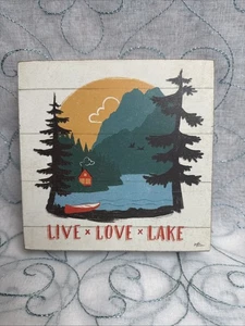 "Letrero rústico de cabaña de lago 6x6"" Live Love Lake decoración de casa de campo canoa puesta de sol" - Imagen 1 de 4
