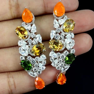 925 Sterling Silver Earrings Oval Citrine 8x6mm Orange Opal Gemstone Jewelry - Picture 1 of 14
