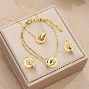 Set gioielli in acciaio inox oro 4 pezzi cerchio romano collana orecchini bracciale - Foto 1 di 14