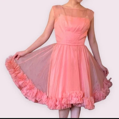 Vestido Vintage Años 50 Años 50 Emma Domb Rosa Cóctel Fiesta Baile de graduación Mini Volantes Acampanado XS Foto 1 de 4