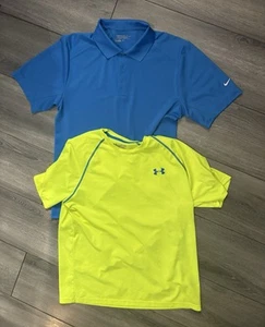 Lot 2-Nike Golf Under Armour Boys’ Youth M/L Golf Polo Shirts Neon Blue Yellow - Picture 1 of 2