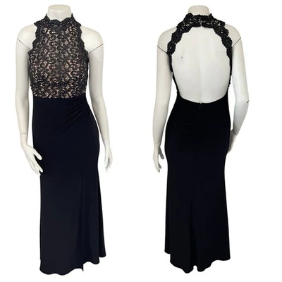 XSCAPE Vestido Halter Largo Maxi Vestido Encaje Abierto Espalda Aberturas Laterales Negro Talla 2 Foto 1 de 4