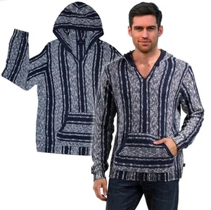 MAGLIONE LUCKY BRAND uomo maglia blu navy/bianca con cappuccio baja a righe tasca nuovo con etichetta grande - Foto 1 di 5