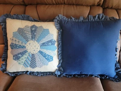 13x13 Vintage Quilted Pillow | Blue Pinwheel Patchwork Pillow | - Image 1 of 2
