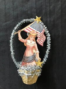Antique Look Scrap Patriotic--July 4th Ornament, Girl with Lg. FLAG, Handmade - Picture 1 of 4