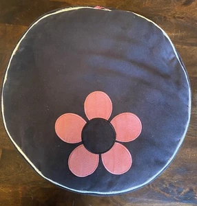 Vintage Floral Appliqué Round Accent Pillow Velvet Navy Blue, Pink Daisy Flower - Picture 1 of 7