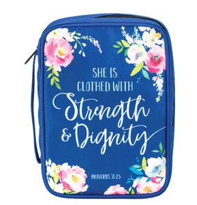 Women's "She is Clothed With Strength & Dignity" Bible Cover Blue Floral X-Large - Picture 1 of 3