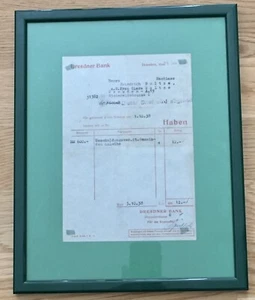 💚 DRESDNER BANK - Buchungsbeleg vom 29.9.1938 im grünen Lackrahmen - Bild 1 von 1
