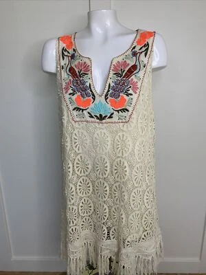Anthropologie Mermaid Embroidered Lace Crochet Dress Fringe Hem Cotton Lined  - Image 1 of 4