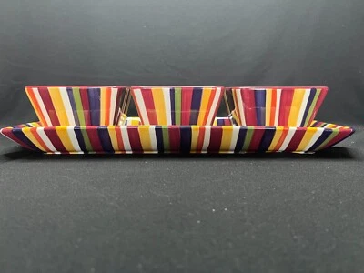 PAMPERED CHEF SIMPLE ADDITIONS Tray and 3 Condiment Bowls Striped - Image 1 of 4