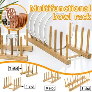 Bamboo Wooden Dish Rack Plate Racks Stand Pot Lid Holder, Kitchen Organizer AUS - Picture 1 of 14