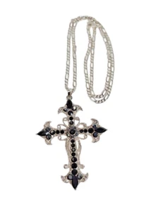 .925  Silver Cross Black Glass Stones Pendant  Necklace Italy - Picture 1 of 9