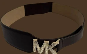 NEW MICHAEL KORS WOMEN WIDE BROWN BELT /ELASTIC MK LOGO CRYSTAL BUCKLE Size (L) - Picture 1 of 22