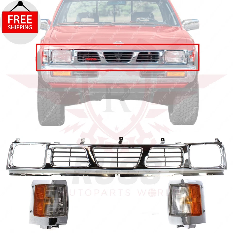 New Front Chrome Grille + Left Right Corner Lights Fits 1995-1997 Nissan Pickup Foto 1 de 4