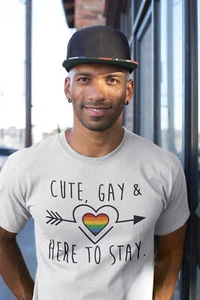 Para Hombres ORGÁNICO Camiseta Algodón Adorable Gay Aquí para Quedarse GAY LGBT Orgullo Arco Iris Corazón - Imagen 1 de 3