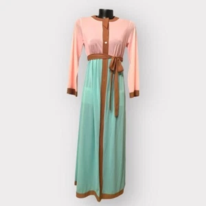 VINTAGE 60s 70s Color Block Pastel Maxi Dress Womens Small Cottage Pink Teal - Picture 1 of 10