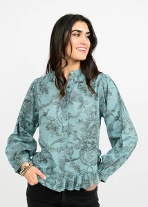 Ivy Jane Toile Print Ruffle Hem Button Down Blouse Small 100% Cotton EUC - Picture 1 of 8