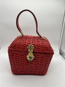 Vintage geflochtene rote Korb Handtasche misst 8" B x 7" H - Bild 1 von 10