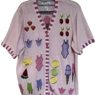 Quacker Factory 1X Cardigan Pink Popsicles Ice Cream Sundae Cherry Swimsuit SS - Image 1 of 4