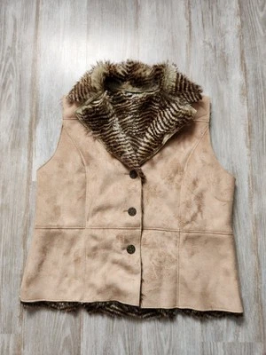Relativity Brown Suede Faux Fur Lining Button Detail Sleeveless Vest Y2K Sz L - Image 1 of 4
