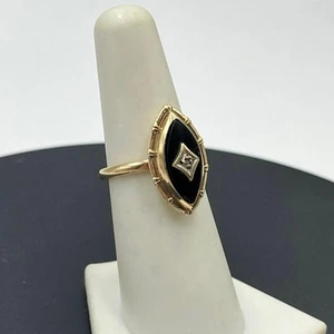 Vintage Designer Art Deco 10k Yellow Gold 3.5 grams Marquise Black Onyx Ring 6.5 - Picture 1 of 9