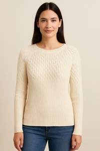 Loft Pullover mit Zopfmuster creme elfenbein Pulli gerippter Saum Gr. M - Bild 1 von 3