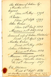 19th C Handwritten Genealogy Baldwin Family Births and Deaths Record (1796–1880) - Picture 1 of 2