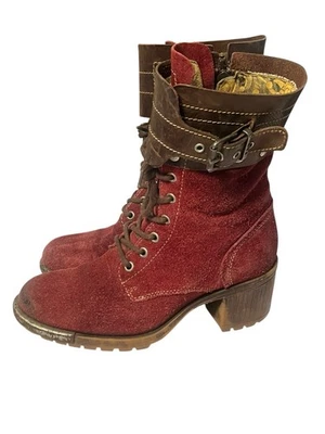 FLY LONDON LEAL Botas de Cuero Gamuza Marrón Combate Cremallera con Cordones Talla 39- EE. UU. 8 Foto 1 de 4