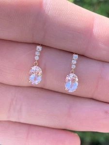 18ct Rose Gold Morganite & White Spinel Exceptional Drop Dangly Earrings - Picture 1 of 6